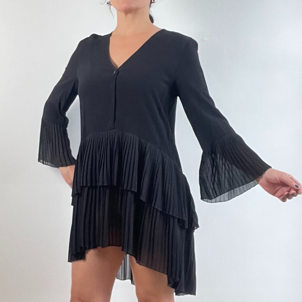 ZARA Pleated Blouse, Oversized, Black High Low Tunic Size XS